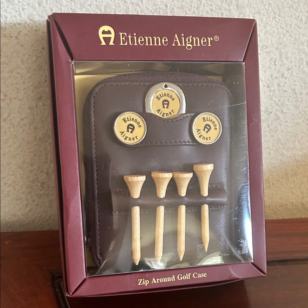 Etienne Aigner Burgundy Zip-Around Golf Tee Case with Wooden Tees